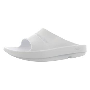 Imagem de OOFOS OOahh Luxe Sandália Slide – Calçado de recuperação leve – Reduz o estresse nos pés, articulações e costas – Lavável na máquina – Tratamento pintado à mão – Feminino, Branco/Branco, 9