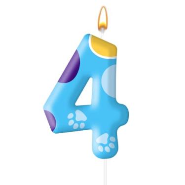 Imagem de Velas de aniversário de pata de cachorro azul topo de bolo numerais velas de aniversário para decoração de pata de cachorro número 4