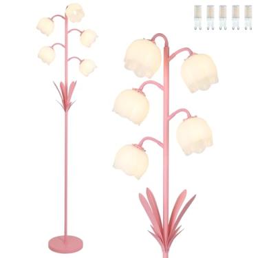 Imagem de Candeeiros de chão de flores rosa para sala de estar, luminária de chão moderna com 5 lâmpadas de LED, lâmpadas de pé ajustáveis para quarto de meninas, cômoda, quarto de criança, lâmpada alta de