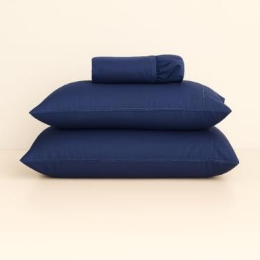 Imagem de Jogo De Lençol Algodão 400 Fios Micropercal (Solteiro, Casal, Queen, King) (Azul-Marinho, Casal)