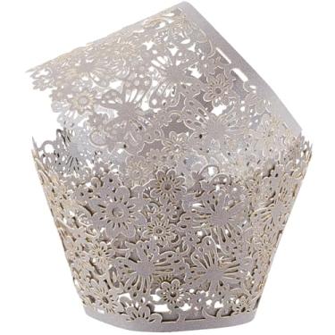 Imagem de CREATCABIN 50 peças de envoltórios de cupcake artísticos para assar bolo, copos de papel, vinhas pequenas, corte a laser, forro prateado, forro, forro, forro, forro, forro, bandejas, bolo, torre