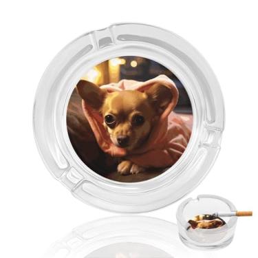 Imagem de Cinzeiro de vidro de cristal Chihuahua deprimido, cinzeiro redondo de vidro resistente para fumar cinzeiro portátil decorativo moderno para uso em casa, escritório, interior, exterior, pátio