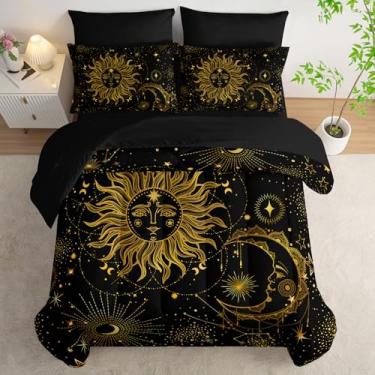 Imagem de AILONEN Jogo de edredom casal com sol e lua, estilo hippie boêmio, para meninas, adultos, adolescentes, todas as estações, edredom e lençol com elástico + lençol de cima e 2 fronhas, 2 fronhas