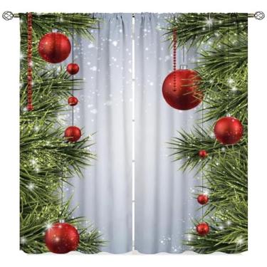 Imagem de Cortinas de Natal, Merry Christmas Fir Twigs Ball Ano Novo, decoração de festa de fim de ano, cortinas de janela, tratamentos para quarto, cozinha, banheiro, casa, conjunto de 2 painéis, decoração de