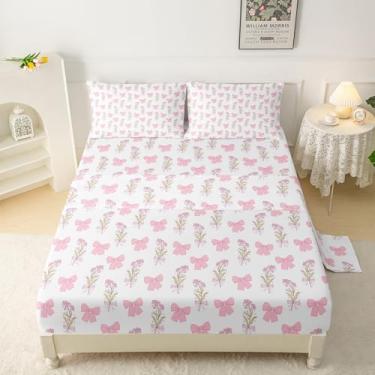 Imagem de QOOMO Jogo de lençol infantil casal com laço rosa, 40,6 cm, com estampa floral, macio e respirável para meninos/meninas/crianças/adolescentes