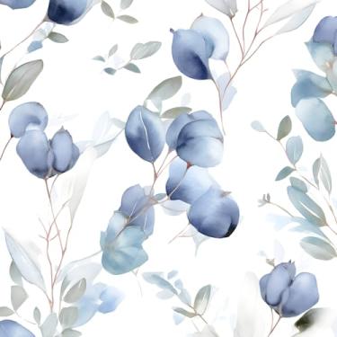 Imagem de XRUIBZI Papel de parede de folha azul boho branco floral aquarela botânico papel de parede mural de parede folha azul vinil impermeável autoadesivo removível locatário dormitório papel de parede 44,5