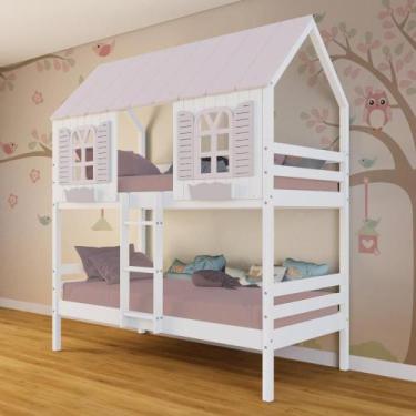 Imagem de Beliche Casinha Bela - Madeira Maciça Branco/Rosa  Megamobilia