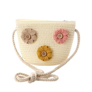 Imagem de LOHGOU Bolsa tiracolo feminina de crochê, linda bolsa de ombro de praia de palha pequena bolsa de pendurar, Flor - branco leitoso