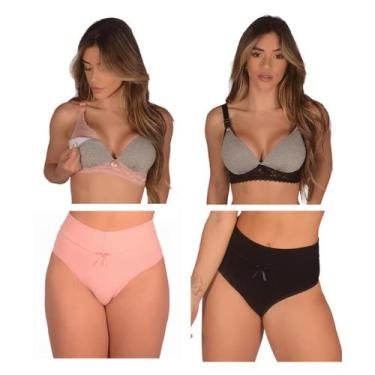Imagem de Kit 2 Conjuntos (Sutiã Amamentação com Bojo +Calcinha Cós Alto Pós Par