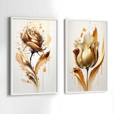 Imagem de Conjunto Quadros Decorativos com Moldura Bege Flores DouradasKit 2 Qua