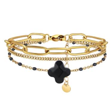 Imagem de YADUDA Pulseira feminina delicada de trevo de quatro folhas, banhado a ouro 18K, aço inoxidável, trevo da sorte, joia de pulso para mulheres, adjustable, Aço inoxidável, Sem Pedra Preciosa