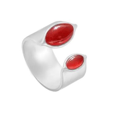 Imagem de Anel de declaração de envoltório largo de pedra vermelha dupla para mulheres, banhado a prata, ajustável, oval expansível, anel de dedo, ajuste confortável, vintage, boho, aniversário, férias, Natal