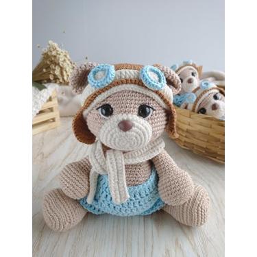 Imagem de Urso Aviador Amigurumi de Crochê em Algodão, 20 cm, Feito à Mão, Azul e Bege