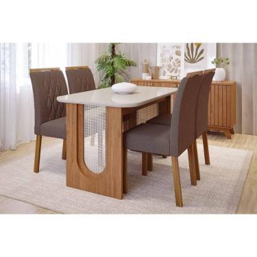 Imagem de Conjunto: Mesa de Cozinha Valentina Tampo Madeirado c/ Vidro 130x80cm e 4 Cadeiras Juliana Cinamomo/Off White - Carvalho/Suede Joli Capuccino - Cimol