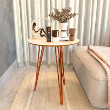 Imagem de Mesinha Lateral De Canto Apoio Redonda Pé De Ferro Tripé (Off White Freijó)