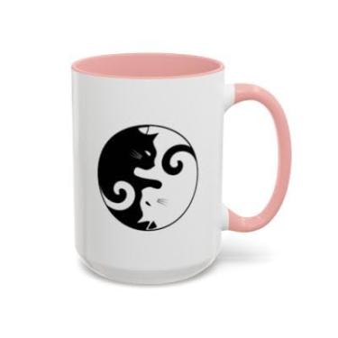 Imagem de Caneca de café de gato Yin Yang – Design fofo de gatinho preto e branco – Caneca com detalhes de cerâmica para amantes de gatos - Ideia de presente de aniversário e Natal (rosa, 425 g)