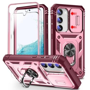 Imagem de YmhxcY Capa para Galaxy S23 com controle deslizante para câmera, 2 protetores de tela, suporte de anel giratório de 360°, capa protetora de grau militar para Samsung Galaxy S23 6.1-vinho vermelho/rosa