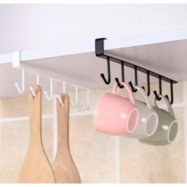 Imagem de Kit 2 Suporte De Metal Porta Xícaras para Cozinha, 6 Ganchos, Suporte de Parede, Preto e Branco