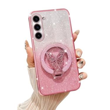 Imagem de Tesazxcn Capa de celular para Samsung Galaxy S23 [compatível com Magsafe] com suporte de borboleta e cordão de TPU macio brilhante transparente à prova de choque capa de proteção para Galaxy S23, ouro