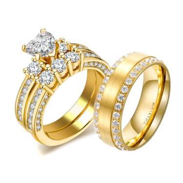 Imagem de LOVERSRING Conjunto de alianças de casamento de titânio masculino banhado a ouro branco, 3 peças, para ele e ela, para ele e para ela, coração banhado a ouro branco, women's size 8 & men's size 11,