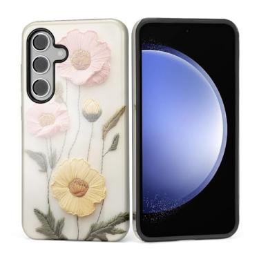Imagem de Kapadiy Capa para Samsung Galaxy S24, bordado falso, design floral, híbrido, proteção dupla, silicone, policarbonato rígido, à prova de choque, capa protetora antiarranhões para homens e mulheres