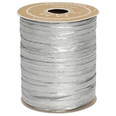 Imagem de Fita de ráfia para embrulho de presente, fio de papel de embalagem, fio de ráfia de fita artesanal para crochê - 1/4 polegada de largura, 100 metros, prata