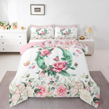 Imagem de Erosebridal Conjunto de cama solteiro com letra em aquarela verde com letra de alfabeto e letra rosa, flores rosa, plantas de jardim, edredom