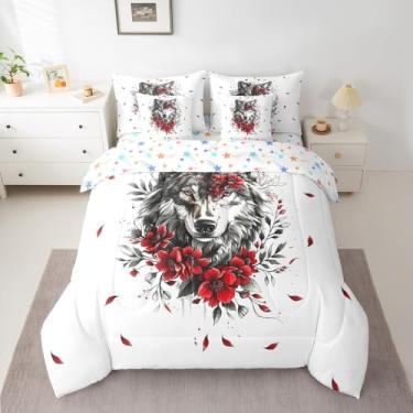 Imagem de Feelyou Conjunto de cama King Size com estampa de lobo e rosa vermelha romântica com estampa de vida selvagem e 7 peças