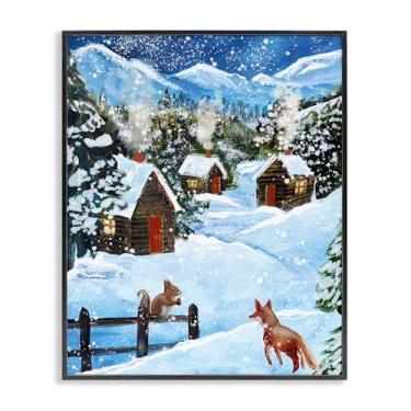 Imagem de Stupell Industries Snowy Christmas Cabins Trio Arte giclée emoldurada preta, design por Patricia Reynolds, 20 x 16