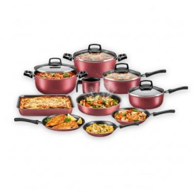 Imagem de Jogo de Panelas Antiaderente 10 Peças com Revestimento Cerâmico, Tampas de Vidro e Cabos Antitérmicos – Cor Cereja