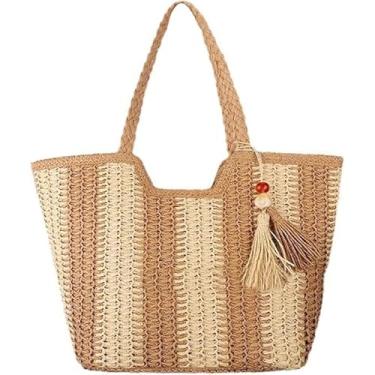 Imagem de Bolsa de palha de praia feminina grande bolsa de ráfia de tecido de verão com zíper(Caqui/Bege)