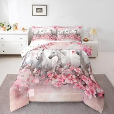 Imagem de Erosebridal Conjunto de cama King Horse, conjunto de edredom galopante ocidental, colcha de cerejeira, animais de fazenda, cowgirl, vida selvagem, presentes de cavalo