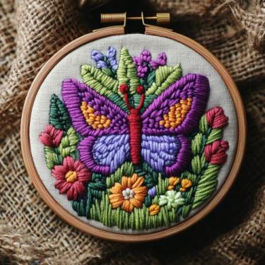 Imagem de Kit de agulhas de punção DIY borboleta roxa e flores, fácil para iniciantes, conjunto de bordado com padrão estampado de argola para amantes de artesanato e decoração de casa-8