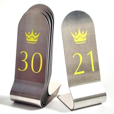 Imagem de 10 peças de cartões de lugar de aço inoxidável de 6/8 polegadas números de mesa dupla face verticais, porta-cartões de metal empilháveis (15 cm amarelo prateado, 21-30)