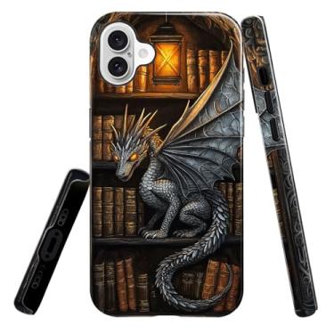 Imagem de heindiy Compatível com iPhone 16 Pro, capa brilhante, proteção total, à prova de choque, anti-arranhões, capa de TPU, capas para homem, mulher, estante vibrante escura dragão