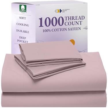 Imagem de California Design Den Jogo de cama queen size 100% algodão natural - cetim luxuoso de 1000 fios, totalmente elástico, roupa de cama fresca e durável - Rosa sépia