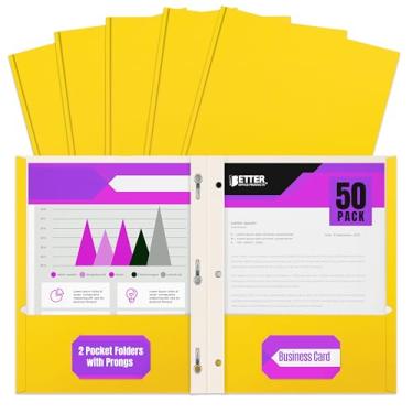 Imagem de Pasta de papel amarelo Better Office Products, tamanho carta, com 2 bolsos e 3 clipes de metal, pacote com 50 unidades, resistente e versátil para uso em escola, casa e escritório