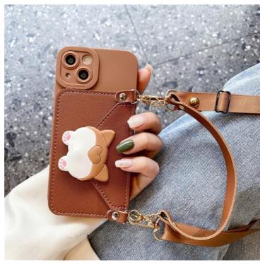 Imagem de Roemary Capa para filhote de cachorro para iPhone 16 Plus com suporte para cartão, capa protetora macia de poliuretano termoplástico para meninas e mulheres, design de alça de pulso para iPhone 16