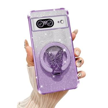 Imagem de Tesazxcn Capa para Google Pixel 8 com suporte de borboleta compatível com Magsafe, capa protetora à prova de choque com glitter para mulheres e meninas, roxo