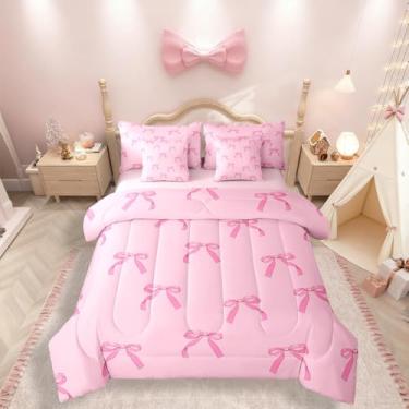 Imagem de Erosebridal Jogo de cama casal com laço e laço fofo, 7 peças, para meninas, mulheres, princesa, sonhadora, lençol com elástico, lençol de cima e elástico, decoração de quarto rosa