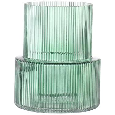 Imagem de YANWE1 Vaso de vidro verde, vaso de vidro canelado para tulipas, vasos de flores para buquês, vasos modernos verdes para sala de estar, mesa de jantar, entrada, manto, prateleira, casamento