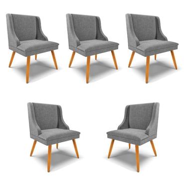 Imagem de Kit 5 Cadeiras Decorativas Sala De Jantar Pés Palito De Madeira Firenze Linho Grafite/natural G19 - Gran Belo