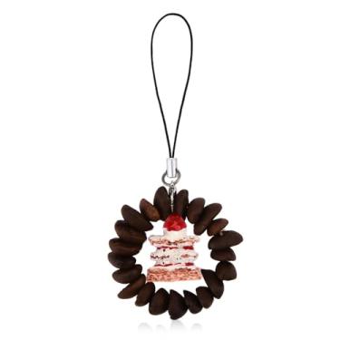 Imagem de Bolo fofo saco de café berloque para bolsas, chaveiro de feijão de café de verdade com pingente de bolo de morango, chaveiros com alça para amantes de café, presentes para entusiastas de sobremesas