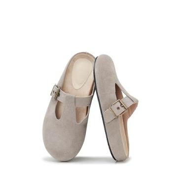 Imagem de ATBELL Sapatilhas femininas de camurça Mary Jane Mules com recorte de bico redondo com tira de fivela e sola de borracha, Cinza, 34