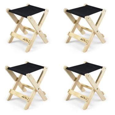 Imagem de Kit 4 Banquetas Camping Madeira Maciça Sereno Preto/Bege