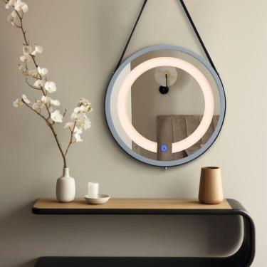 Imagem de Espelheira Redondo Iluminado 40cm com Alça Touch 2 Leds com Alça Adnet Branco/Preto