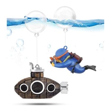 Imagem de CousDUoBe Mini decoração de aquário submarino flutuante de 5,3 cm, lindo conjunto de submarinos retrô e mergulhador flutuante, acessórios para aquário de peixes betta resinosos