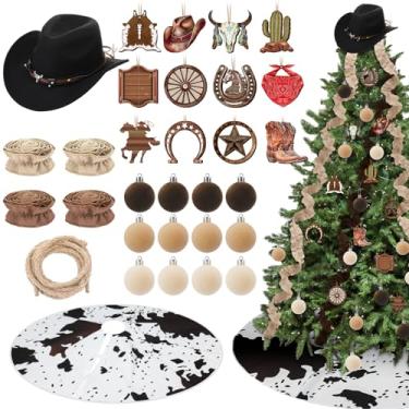 Imagem de Syhood Conjunto de 31 peças de decoração de árvore de Natal de cowboy ocidental bola de Natal de veludo chapéu de cowboy rústico corda estampa de couro de vaca saia de árvore de Natal ornamento de