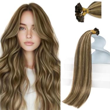 Imagem de Extensões de cabelo com ponta em U de queratina Sunny 61 cm, cor marrom escuro misturada com cabelo de queratina pré-ligado loiro caramelo 50 g/pacote
