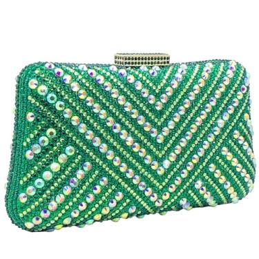 Imagem de Boutique De FGG Bolsa clutch feminina com strass listrada em V para noite com glitter, bolsas de mão de cristal, bolsas de casamento, mini, Verde, Mini